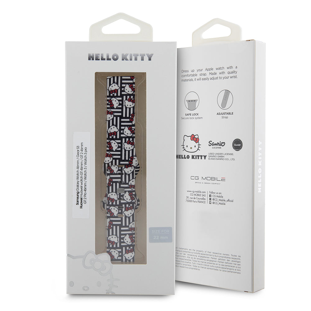 Bracelet Hello Kitty Silicone Kitty Heads & Stripes pour Samsung Galaxy Watch / Huawei Watch Series, Noir