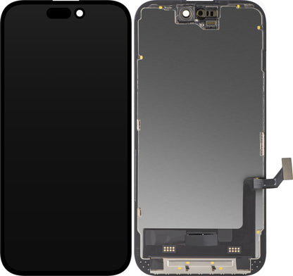 Écran avec Touchscreen MP compatible avec Apple iPhone 15, avec Cadre, Version Soft OLED FHD Diagnostic, Noir