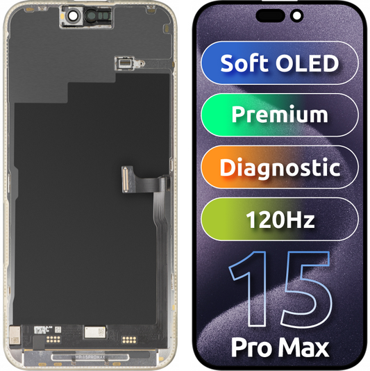 Écran avec écran tactile MP compatible avec Apple iPhone 15 Pro Max, avec cadre, version Premium Soft OLED FHD 120Hz Diagnostic, noir, reconditionné