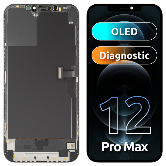 Écran avec écran tactile MP compatible avec Apple iPhone 12 Pro Max, avec cadre, Version OLED Diagnostic, Noir