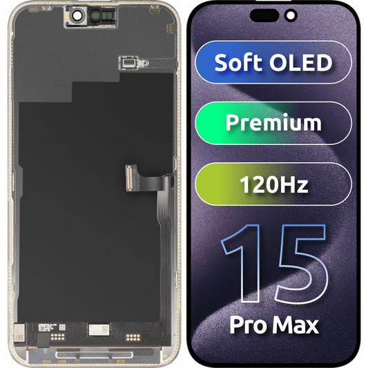 Écran tactile MP compatible avec Apple iPhone 15 Pro Max, avec cadre, version Premium Soft OLED FHD 120Hz, noir