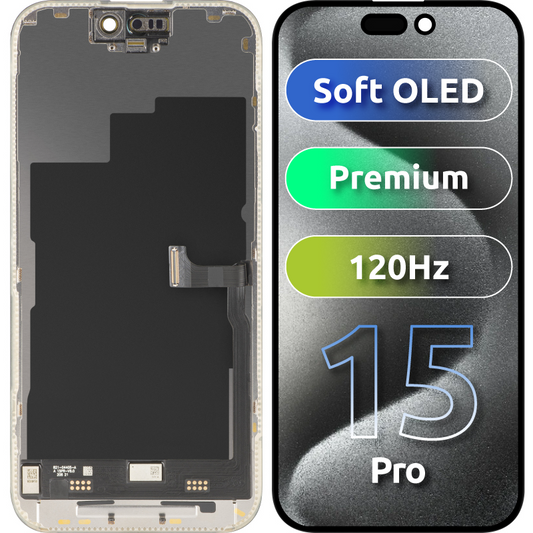 Écran tactile MP compatible avec Apple iPhone 15 Pro, avec cadre, version Premium Soft OLED FHD 120Hz, noir
