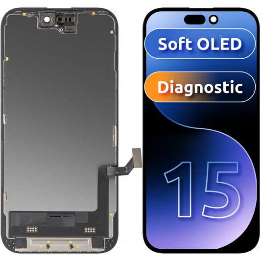 Écran avec Touchscreen MP compatible avec Apple iPhone 15, avec Cadre, Version Soft OLED FHD Diagnostic, Noir
