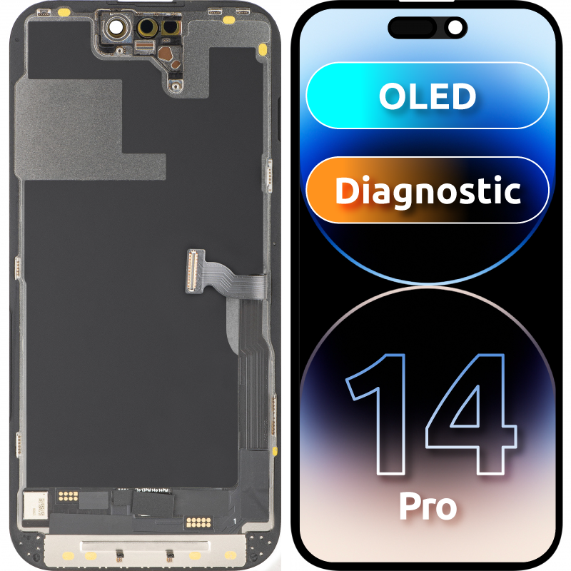 Écran avec écran tactile MP compatible avec Apple iPhone 14 Pro, avec cadre, Version OLED FHD Diagnostic, Noir