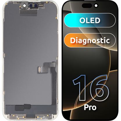 Écran tactile MP compatible avec Apple iPhone 16 Pro, avec cadre, Version OLED FHD Diagnostic, Noir