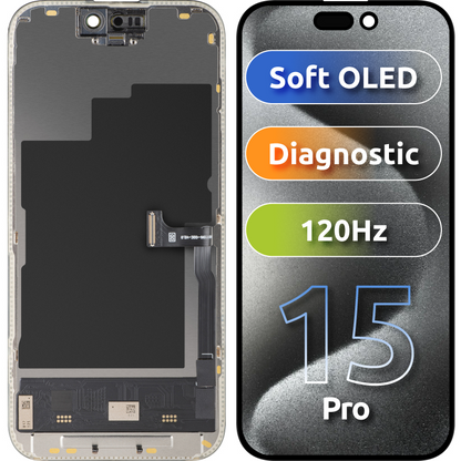 Écran avec Touchscreen MP compatible avec Apple iPhone 15 Pro, avec Cadre, Version Soft OLED FHD 120Hz Diagnostic, Noir