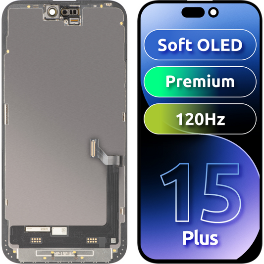 Écran tactile MP compatible avec Apple iPhone 15 Plus, avec cadre, version Premium Soft OLED FHD 120Hz, noir