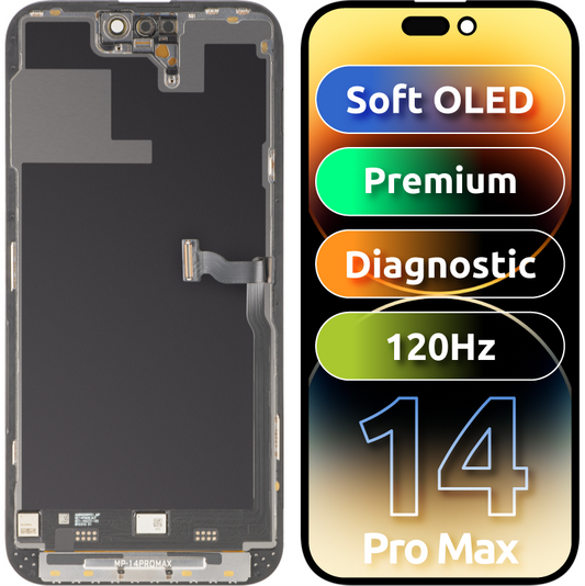 Écran tactile MP compatible avec Apple iPhone 14 Pro Max, avec cadre, version Premium Soft OLED FHD 120Hz Diagnostic, noir