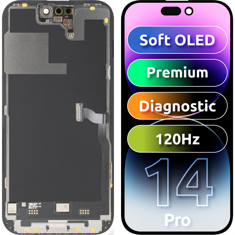 Écran tactile MP compatible avec Apple iPhone 14 Pro, avec cadre, version Premium Soft OLED FHD 120Hz Diagnostic, noir