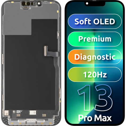 Écran avec écran tactile MP compatible avec Apple iPhone 13 Pro Max, avec cadre, version Premium Soft OLED FHD 120Hz Diagnostic, noir