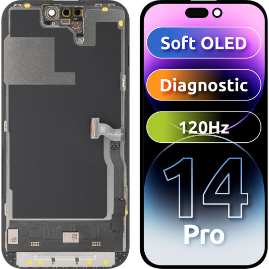 Écran tactile MP compatible avec Apple iPhone 14 Pro, avec cadre, version Soft OLED 120Hz FHD Diagnostic, Noir