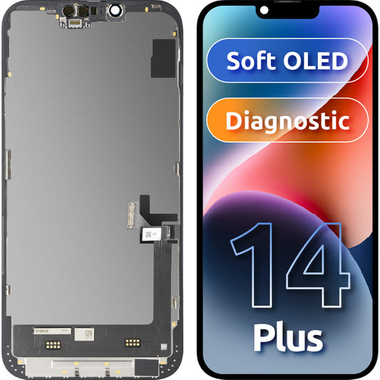 Écran avec écran tactile MP compatible avec Apple iPhone 14 Plus, avec cadre, Version Soft OLED FHD Diagnostic, Noir
