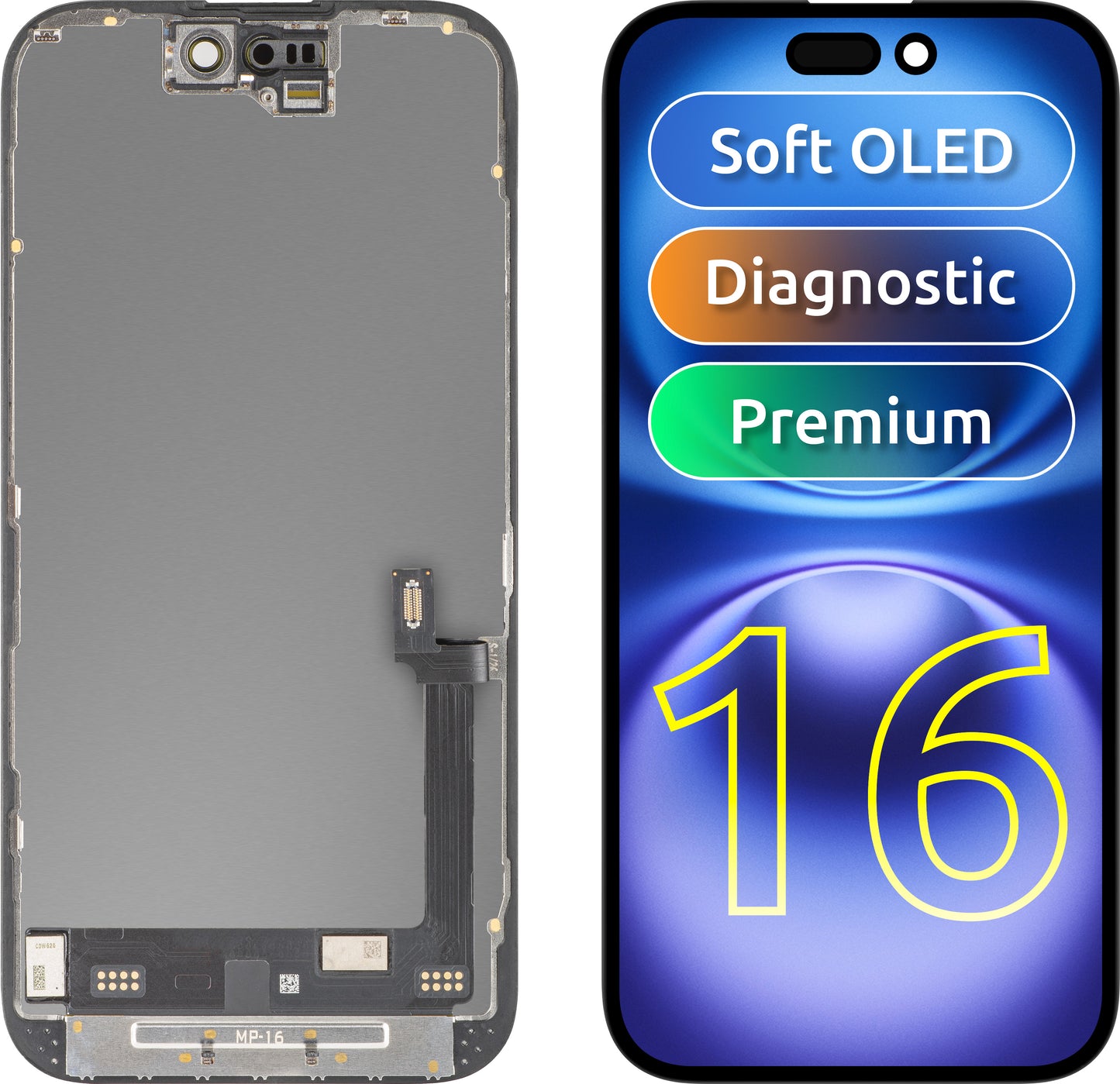 Écran tactile MP compatible avec Apple iPhone 16, avec cadre, version Premium Soft OLED FHD Diagnostic, noir