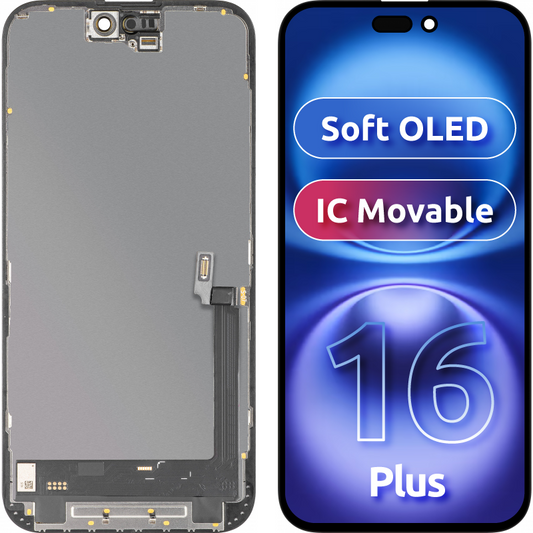 Écran tactile MP compatible avec Apple iPhone 16 Plus, avec cadre, version Soft OLED IC Movable FHD, Noir