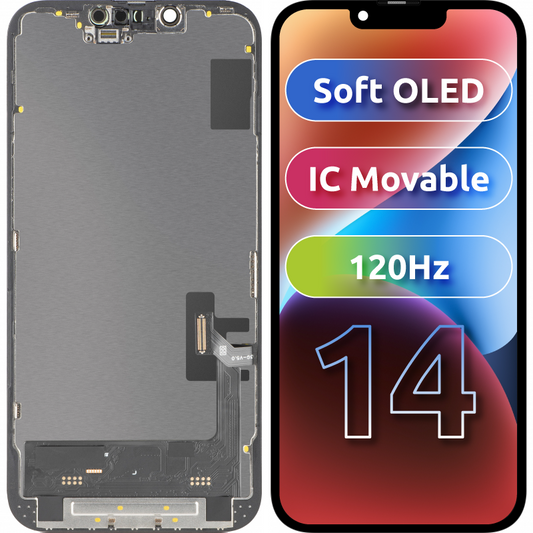 Écran tactile MP compatible avec Apple iPhone 14, avec cadre, version Soft OLED FHD 120Hz IC Movable, Noir