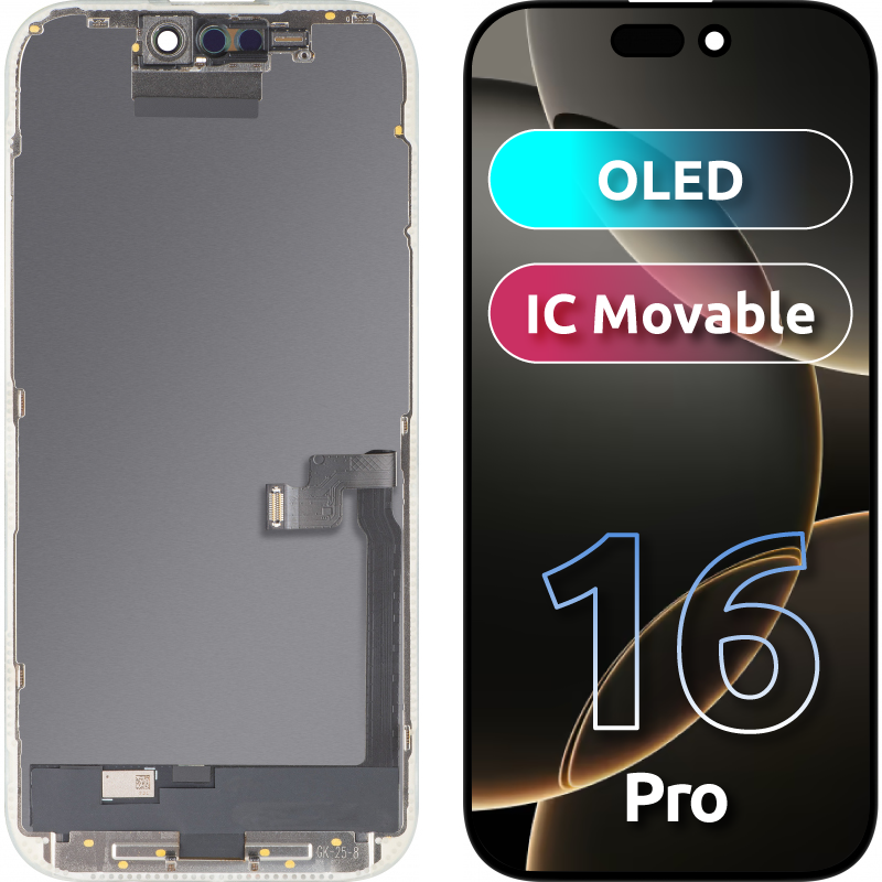 Écran tactile MP compatible avec Apple iPhone 16 Pro, avec Cadre, Version OLED FHD IC Movable, Noir