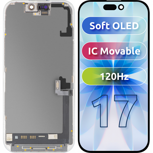 Écran tactile MP compatible avec Apple iPhone 17, avec cadre, version Soft OLED FHD 120Hz IC déplaçable, noir