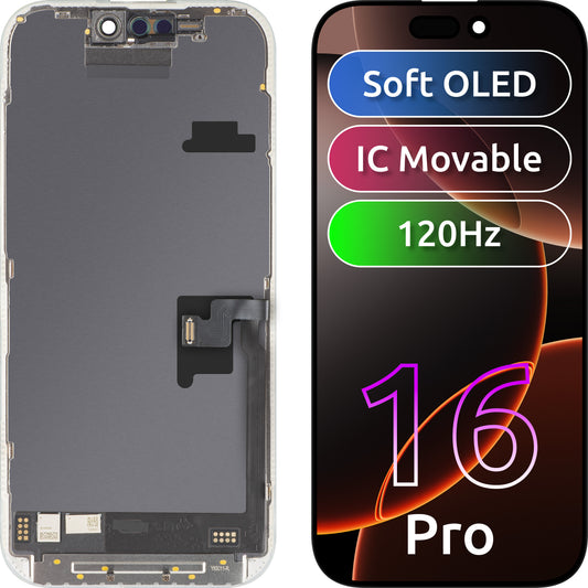 MP Touchscreen Display compatible with Apple iPhone 16 Pro, with Frame, Soft OLED FHD 120Hz IC Movable Version, Black
