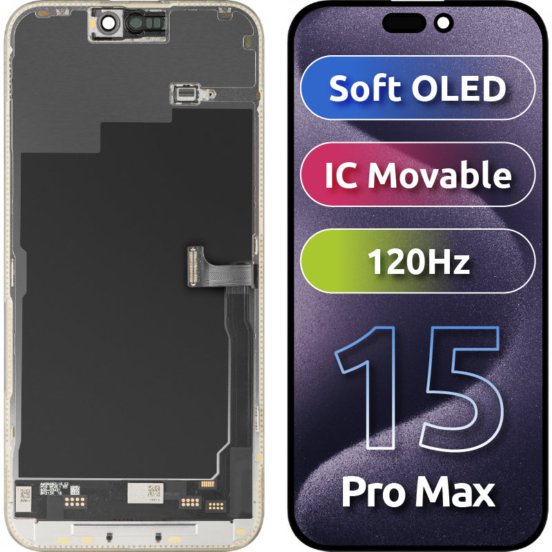 Écran tactile MP compatible avec Apple iPhone 15 Pro Max, avec cadre, Version Soft OLED IC Movable 120Hz FHD, Noir