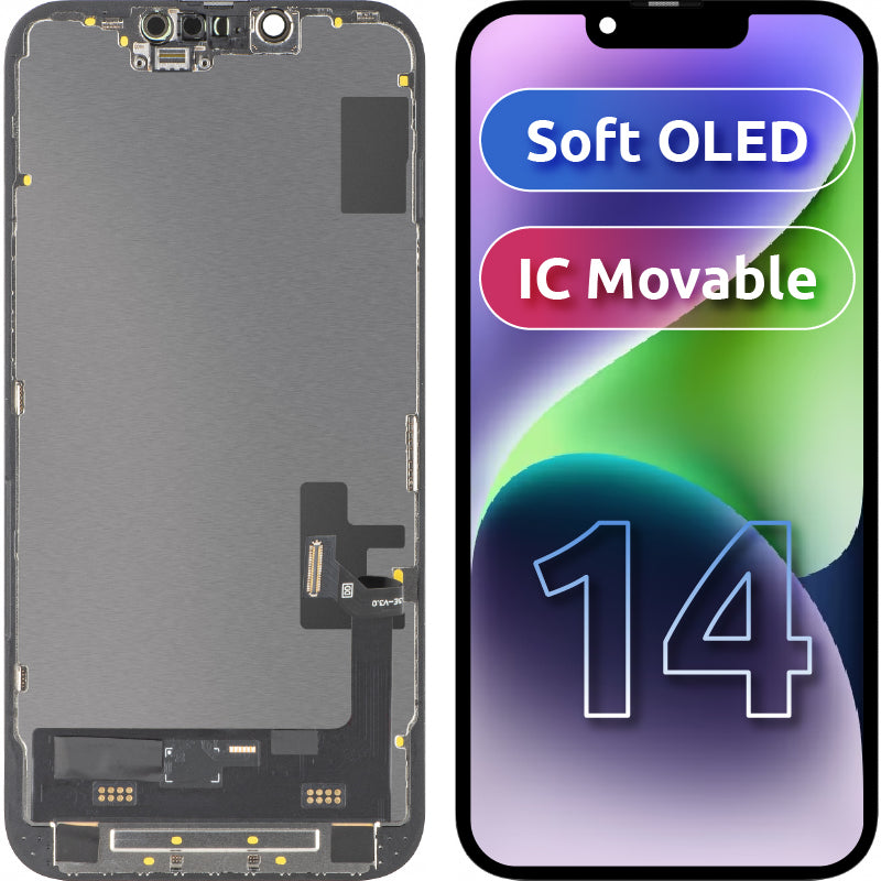 Écran tactile MP compatible avec Apple iPhone 14, avec cadre, version Soft OLED IC Movable FHD, Noir