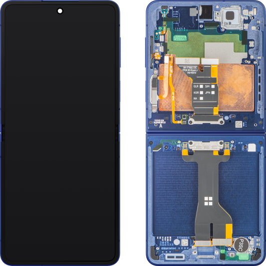 Écran tactile Samsung Galaxy Z Flip7 F766, avec cadre, sous Inner, bleu (Blue Shadow), pack de service GH82-37581A