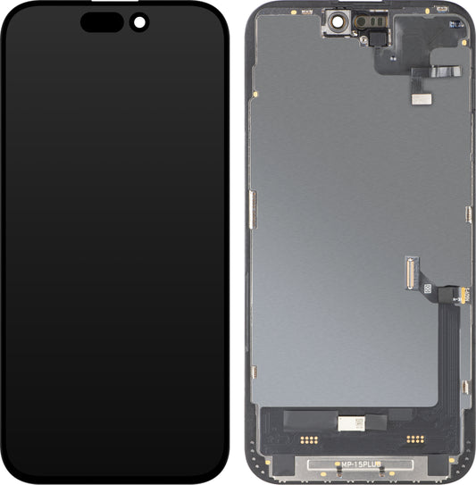Écran avec écran tactile et capteur de proximité MP compatible avec Apple iPhone 15 Plus, avec cadre, version logicielle OLED FHD Diagnostic, noir