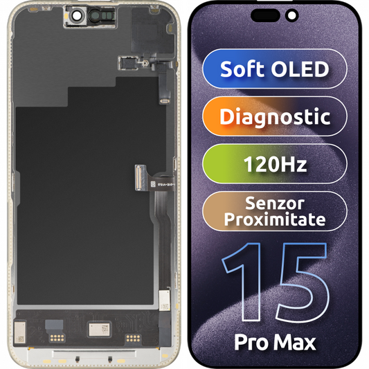 Écran tactile avec capteur de proximité MP compatible avec Apple iPhone 15 Pro Max, avec cadre, version logicielle OLED FHD 120Hz Diagnostic, noir