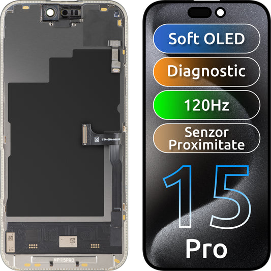 Écran tactile avec capteur de proximité MP compatible avec Apple iPhone 15 Pro, avec cadre, version logicielle OLED FHD 120Hz Diagnostic, noir