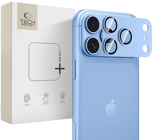 Protection d’objectif arrière Tech-Protect CamFull Fit+ pour Apple iPhone 18 Pro Max, verre trempé, bleu clair.