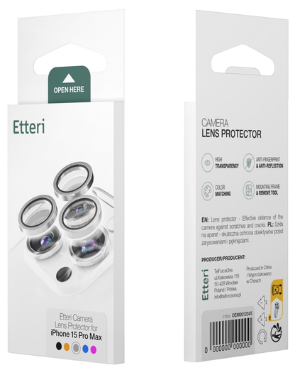 Film de protection pour caméra arrière Etteri pour Apple iPhone 16 Pro Max / 16 Pro, Verre trempé, Gris