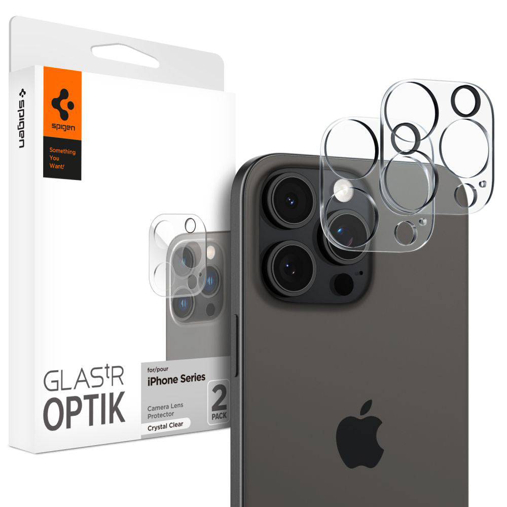 Spigen Optik Film de protection de la caméra arrière pour Apple iPhone 15 Pro Max / 15 Pro, Protection du verre, Collage complet, Set 2 pièces, Transparent