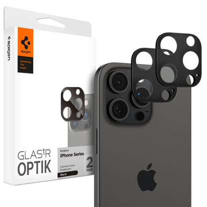 Spigen Optik Film de protection pour caméra arrière pour Apple iPhone 15 Pro Max / 15 Pro, protection en verre, collage complet, lot de 2 pièces, noir AGL05273 