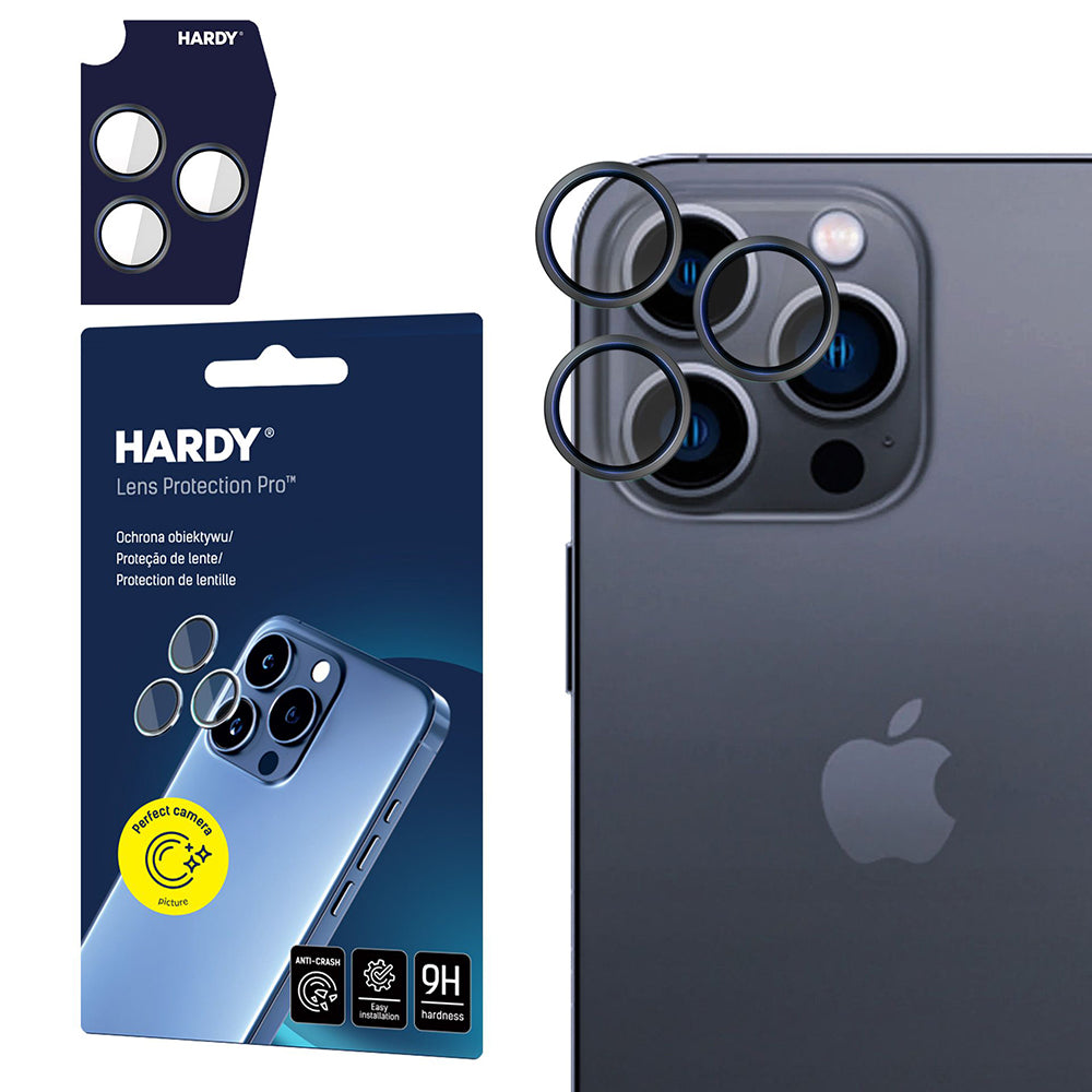 Film de protection pour caméra arrière 3MK Hardy Protection Pro pour Apple iPhone 16 Pro Max / 16 Pro, Verre trempé, Noir