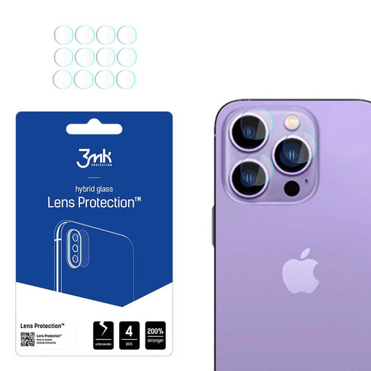 Film de protection pour caméra arrière 3MK Protection pour Apple iPhone 14 Pro Max / 14 Pro, Verre flexible, Set de 4 pièces, Transparent