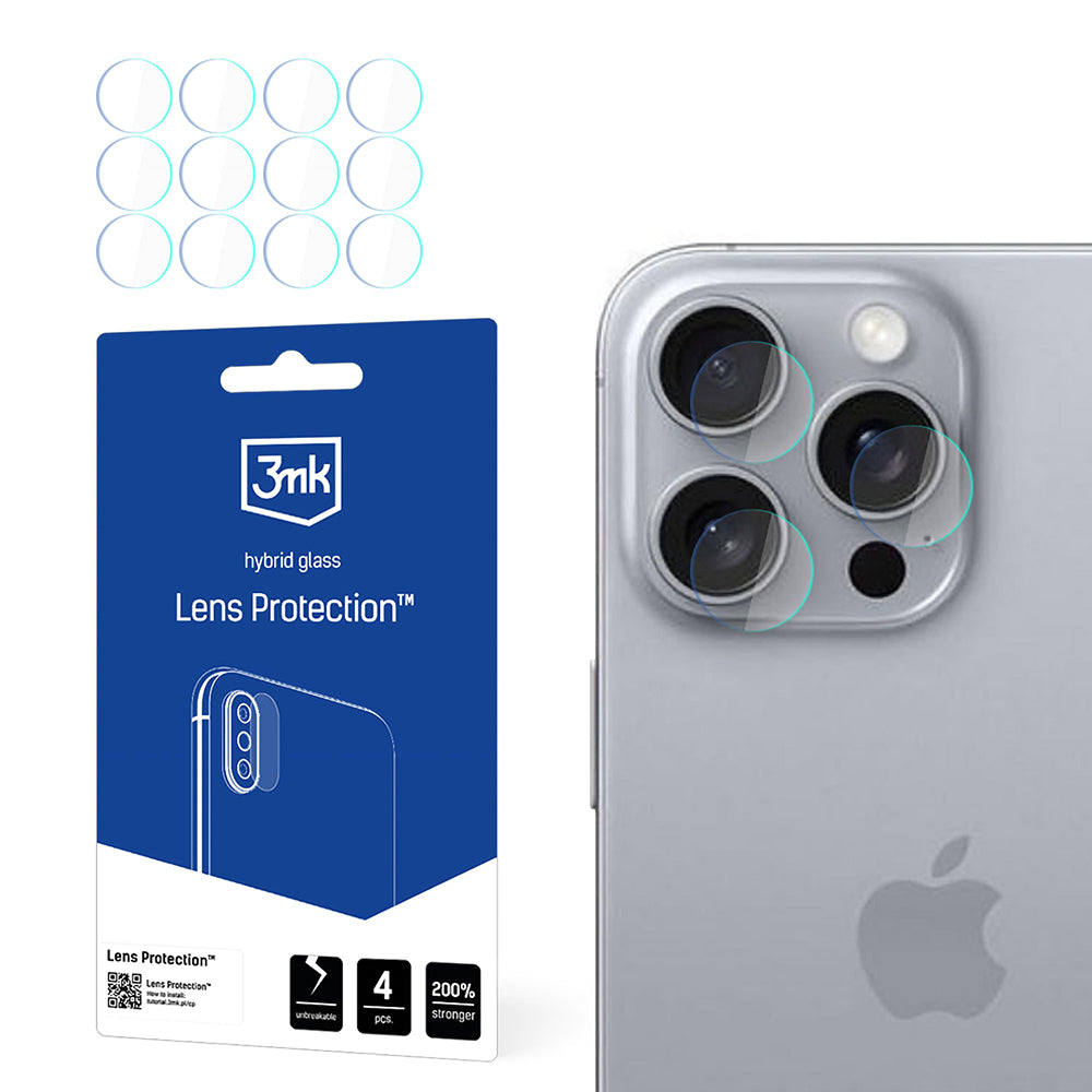 Film de protection pour caméra arrière 3MK Protection pour Apple iPhone 16 Pro, Verre flexible, Lot de 4 pièces, Transparent