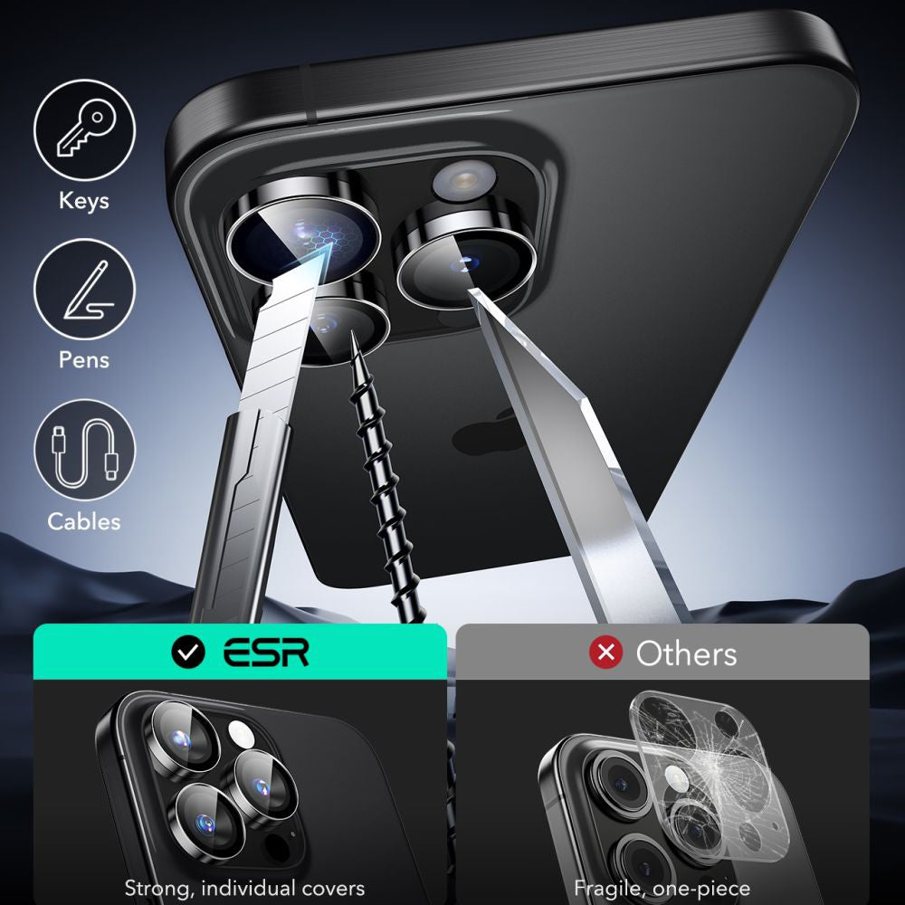 Film de protection pour caméra arrière ESR Armorite pour Apple iPhone 17 Pro Max / 17 Pro / 16 Pro Max / 16 Pro, Verre Trempé, Noir