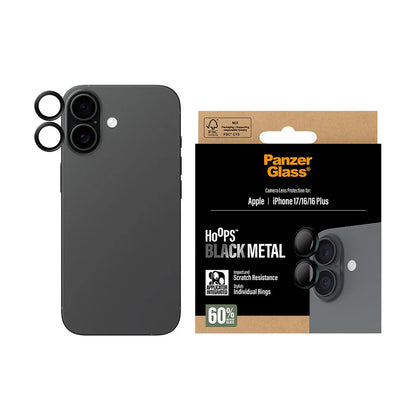 Film de protection pour caméra arrière PanzerGlass Hoops pour Apple iPhone 17 / 16 Plus / 16, Verre Trempé, Noir