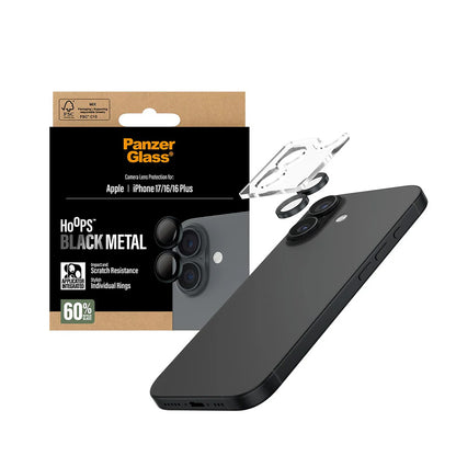 Film de protection pour caméra arrière PanzerGlass Hoops pour Apple iPhone 17 / 16 Plus / 16, Verre Trempé, Noir