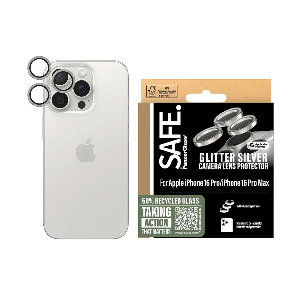 Film de protection pour caméra arrière PanzerGlass Safe. Paillettes pour Apple iPhone 16 Pro Max / 16 Pro, Verre Trempé, Argenté