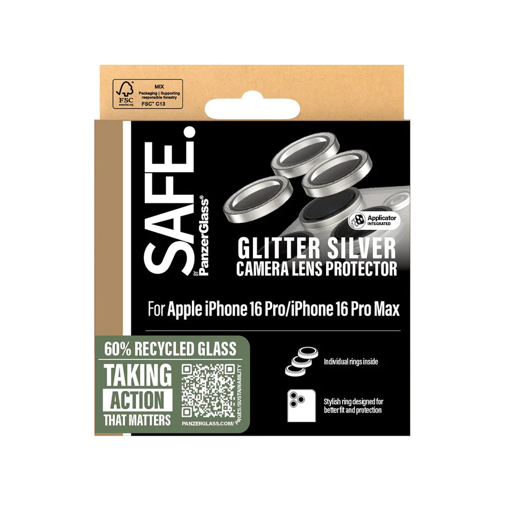 Film de protection pour caméra arrière PanzerGlass Safe. Paillettes pour Apple iPhone 16 Pro Max / 16 Pro, Verre Trempé, Argenté