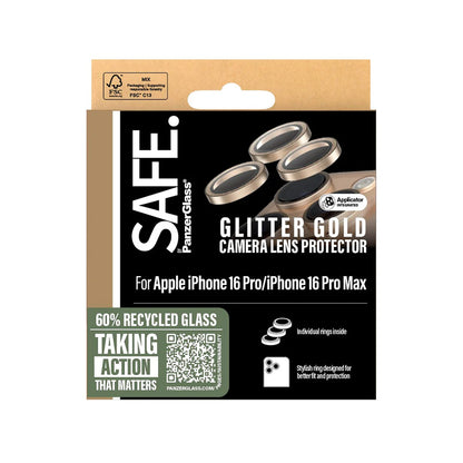 PanzerGlass Safe Rear Camera Protection Film. Glitter for Apple iPhone 16 Pro Max / 16 Pro, Tempered Glass, Gold