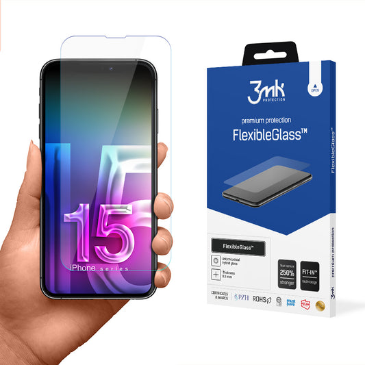 Film de protection d'écran 3MK FlexibleGlass pour Apple iPhone 15 Pro, Verre Flexible, Collage Complet