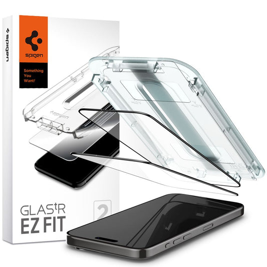 Film de protection d'écran Spigen GlastR EZ FIT pour Apple iPhone 15 Pro, Verre Trempé, Full Glue, Lot de 2 pièces, Noir AGL06893