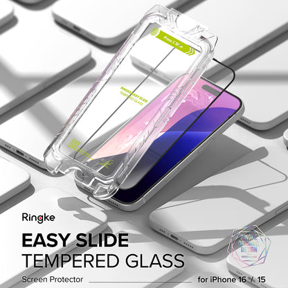 Ringke Easy Slide Screen Protector pour Apple iPhone 16 Plus / 15 Plus, protection en verre, collage intégral, 2 pièces, noir