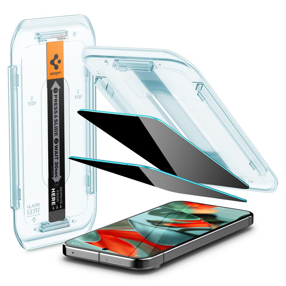 Film de protection d'écran Privacy Spigen GlastR EZ FIT pour Google Pixel 9 Pro XL, Verre trempé, Collage complet, Lot de 2 pièces AGL09313