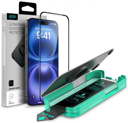 Film de protection d'écran ESR Armorite pour Apple iPhone 16, Verre Trempé, Full Glue, Noir