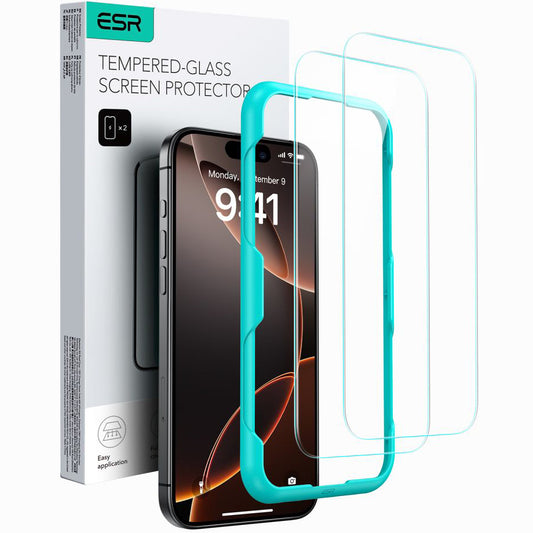 Film de protection d'écran ESR pour Apple iPhone 16 / 15, Verre Trempé, Full Glue, Lot de 2 pièces, Noir