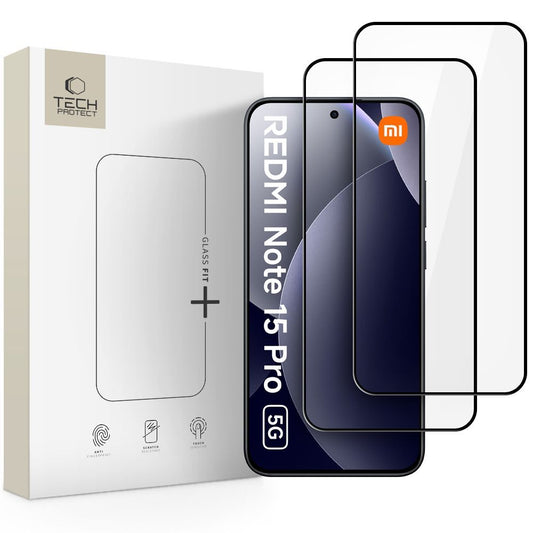 Film de protection d'écran Tech-Protect FIT+ pour Xiaomi Redmi Note 15 Pro 5G, Verre Trempé, Full Glue, Lot de 2 pièces, 2.5D, Noir