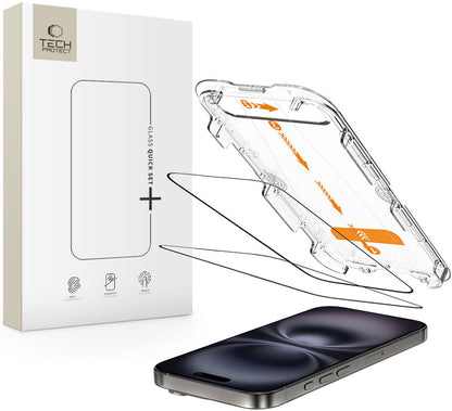Film de protection d'écran Tech-Protect Quick Set+ pour Apple iPhone 16 / 15, Verre Trempé, Full Glue, Lot de 2 pièces, Noir