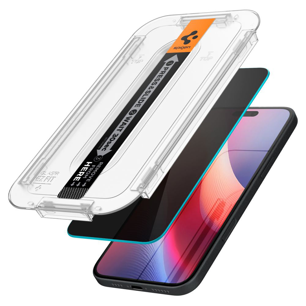 Film de protection écran Privacy Spigen GlastR EZ FIT pour Apple iPhone 16 / 15, Verre Trempé, Full Glue, Lot de 2 pièces AGL06905